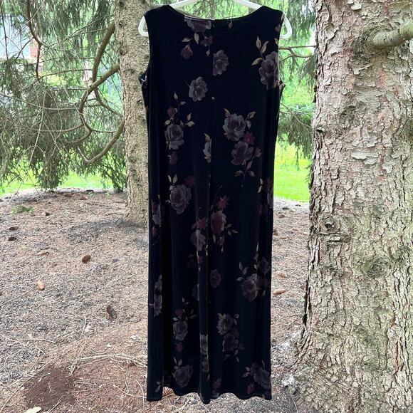 Vintage Dark Floral Velvet Maxi Dress Large Black Stretch USA Fairy Whimsigoth - Picture 2 of 15